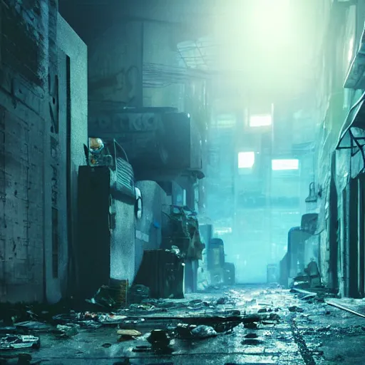 Prompt: a cinematic frame of a dead end alleyway in a futuristic dystopian city, night time, littered with garbage, cold blue lighting, shot by roger deakins, brutalist architecture, damp, cityscape, vanishing point perspective, roger deakins, cinematography, chris nolan movie