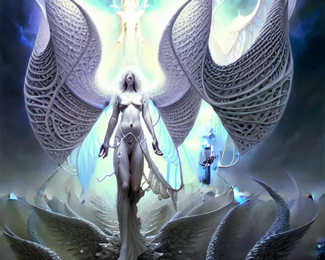 Prompt: the army of white light and angels, fantasy character portrait made of fractals facing each other, ultra realistic, wide angle, intricate details, the fifth element artifacts, highly detailed by peter mohrbacher, hajime sorayama, wayne barlowe, boris vallejo, aaron horkey, gaston bussiere, craig mullins