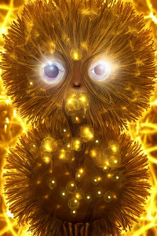 Image similar to a glowing humanoid figure dandelion monster with large glowing eyes, surrounded by golden coins, highly detailed, digital art, sharp focus, trending on art station, anime art style