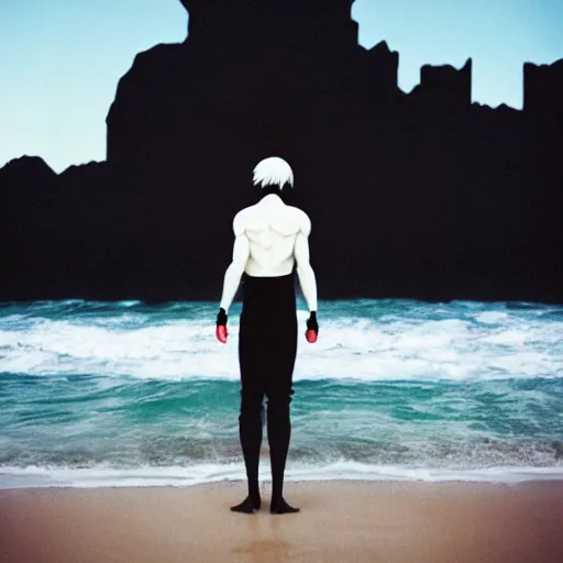 Image similar to kodak portra 8 0 0, an invisible man standing looking into the distance on a dreamy beach from nier automata