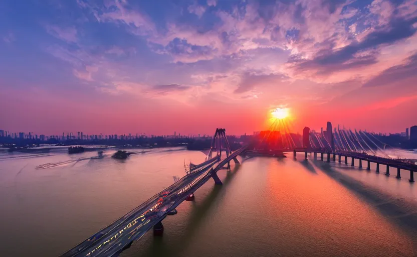 Prompt: a photo of wuhan yangtze river bridge, sunset, cinematic, 8 k, highly - detailed