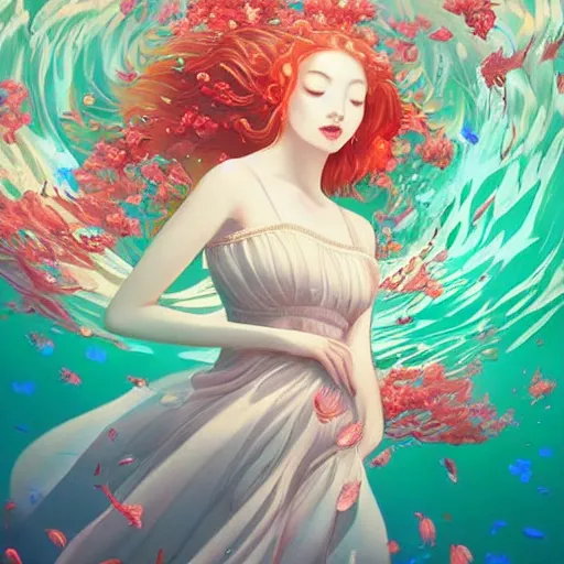 Prompt: Ginger woman in a swirling sundress of flowers, underwater, floral explosion, radiant light, vortex of plum petals, by WLOP, Hasui Kawase and artgerm, artstation, deviantart