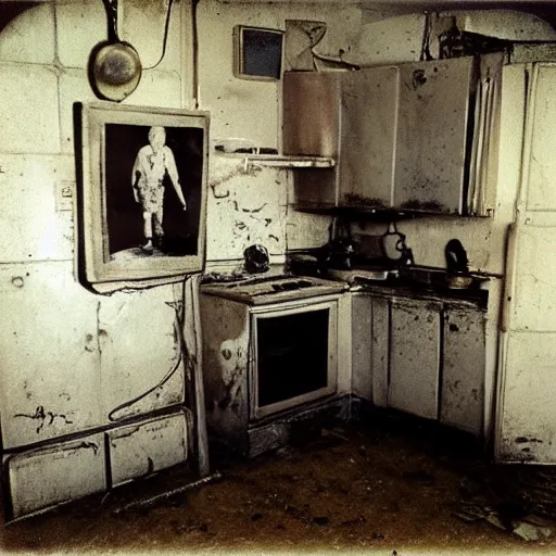 Prompt: a kitchen with an elephant's foot chernobyl, polaroid photo, perfect photo, photo pinterest