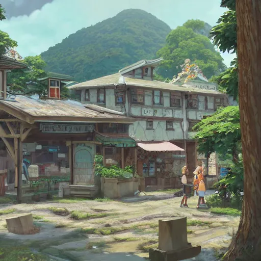 Image similar to concept art painting of a historic bakery with european and japanese architecture, in a woodland village surrounded by trees and mountains, realistic, detailed, cel shaded, in the style of makoto shinkai and greg rutkowski and james gurney