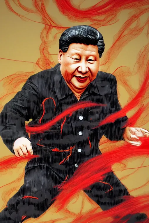 Image similar to detailed illustration, xi jinping as a 1 9 8 0 s wrestling action figure, 习 近 平, ultra realistic, dramatic lighting, thick black swirling smoke tornado, artstation