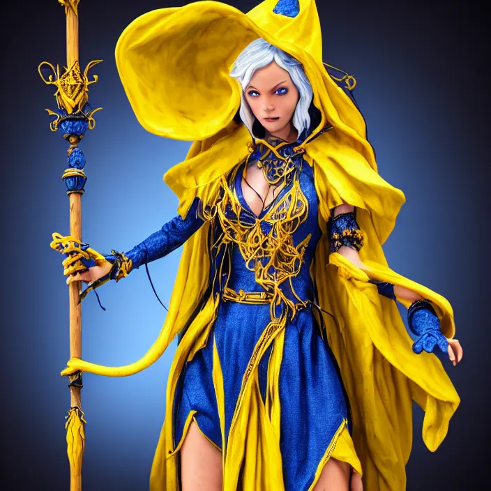 Prompt: photograph of a real - life beautiful!! elemental lightning witch with ornate yellow and blue robes and staff. extremely detailed. 8 k