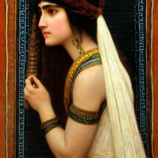 Prompt: orientalist portrait of a mesopotamian woman with thick black bangs and curls standing inside sandstone temple intricate artwork by john william waterhouse and Edwin Longsden Long and Theodore Ralli and Henryk Siemiradzki. trending on artstation, very coherent symmetrical artwork high detail 8k