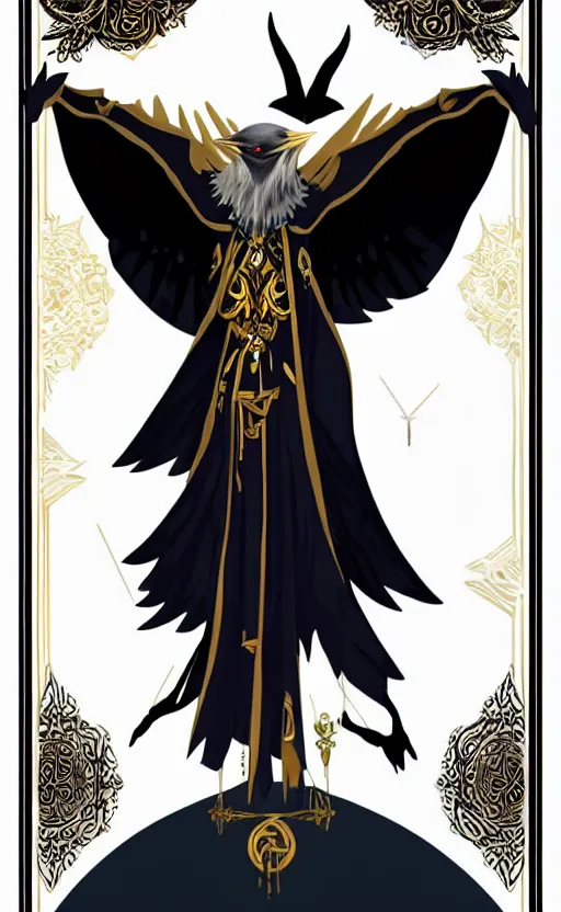 Prompt: raven headed male warlock doing wind magic, white and gold robes, exquisite details, full body character design on a white background, by studio muti