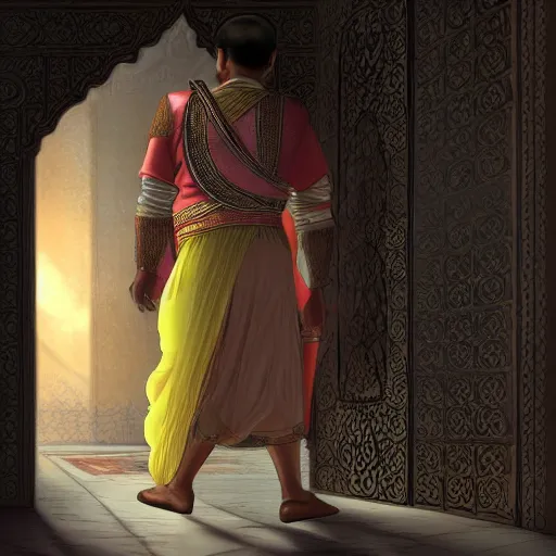 Prompt: sideview of a mughal emperor walking through a mystical door leading to another dimension, fantasy, artstation detailed digital art