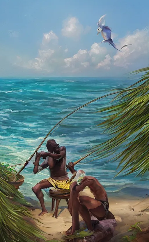 Prompt: A beautiful painting of a singular Jamaican man fishing at edge of the Jamaican sea by Ross Tran, style of League of Legends