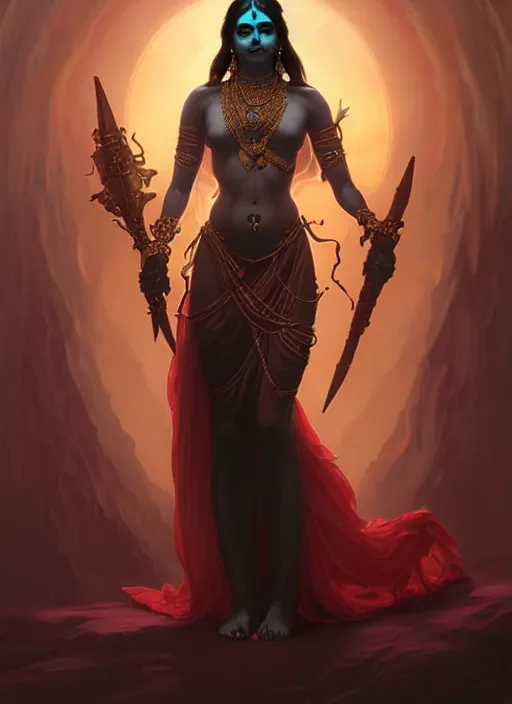 Image similar to a beautiful cinematic female kali goddess of death, fantasy landscape, fantasy magic,, dark light night, intricate, elegant, sharp focus, illustration, highly detailed, digital painting, concept art, matte, art by WLOP and Artgerm and Greg Rutkowski and Alphonse Mucha, masterpiece