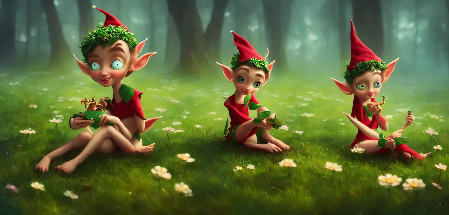 Prompt: forest, cute funny elf with beauty eyes sitting in grass flowers, in the style of craola, shallow depth of field, highly detailed, digital painting, trending artstation, concept art, illustration, cinematic lighting, vibrant colors, photorealism, epic, octane render