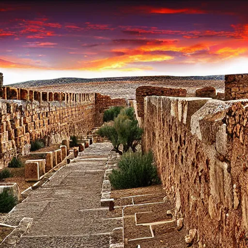 Prompt: Sprawling view of ancient Greek city walls in a searing desert; digital art