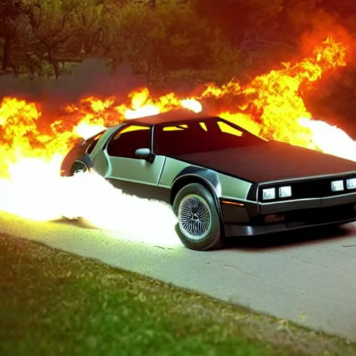 Image similar to knightrider pontiac firebird chasing the back to the future delorean, cinematic, delorean leaves fire trails behind