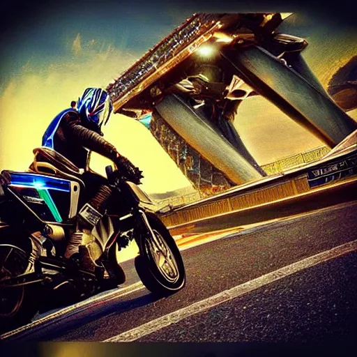 Image similar to “ tron legacy motorcycle race to the tower of babylon city ”