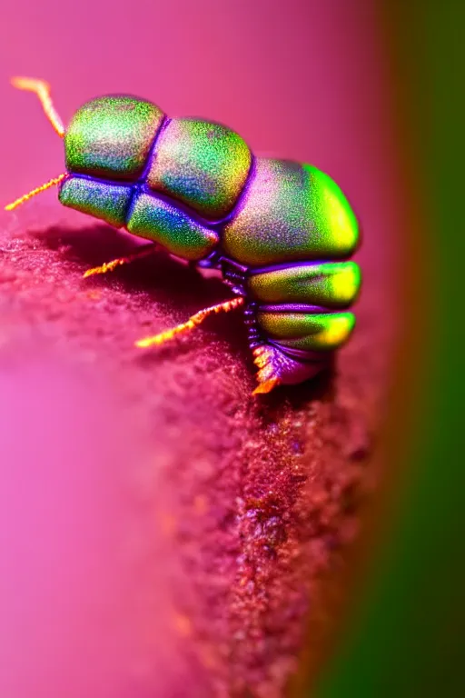 Image similar to high quality macro photo iridescent cyborg caterpillar! cute highly detailed david ligare elson peter cinematic pink lighting high quality low angle hd 8k sharp shallow depth of field