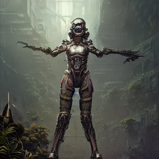 Image similar to Futuristic female soldier in armour standing in a machine city with alien plants, highly detailed, fractals, ornate, cinematic, 8k, by Stanley Artgermm, Tom Bagshaw, Greg Rutkowski, Carne Griffiths, Ayami Kojima, Beksinski, Giger, trending on DeviantArt, hyper detailed, full of color, digital art,