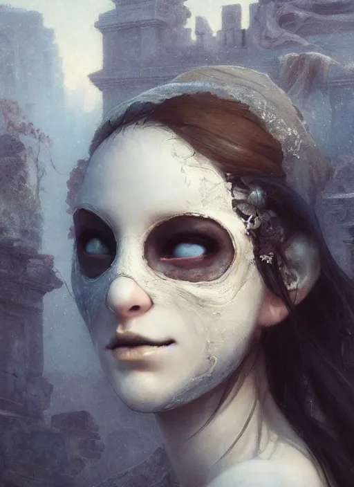 Prompt: close up of a veiled half scull mask girl on the ruins temple, looking at the camera very curiously, smog on the floor, extremely beautiful and aesthetic and attractive and cute detailed face and body, chiaroscuro, model pose, fantasy illustrations, by makoto shinkai and jeremy lipking and ferdinand knab