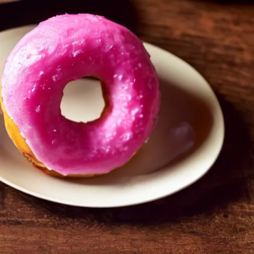 Prompt: A delicious pink donut on a plate in a log cabin