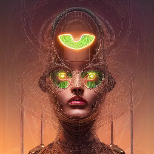 Image similar to beautifull woman integrating with technology, full face, detailed intricate ornate cables connected to head, big open electric eyes, luxurious detailed abundent wiring and implants, sci-fi, neon, emeralds, detailed technology full background, highly detailed, Rene Lalique and Eddie Mendoza