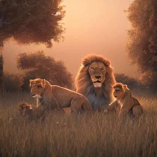 Prompt: A family of lions, illustrated by Maria Panfilova, dappled red lighting, trending on artstation, artstationHQ, artstationHD, artstation 3D render, unreal engine, 4k, 8k