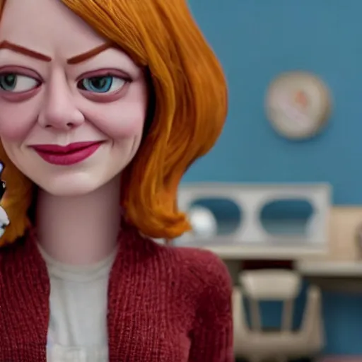 Image similar to hyperrealistic emma stone caricature surrounded by big fat frankfurter sausages by bob byerley and aardman animation, mascot, target reticles