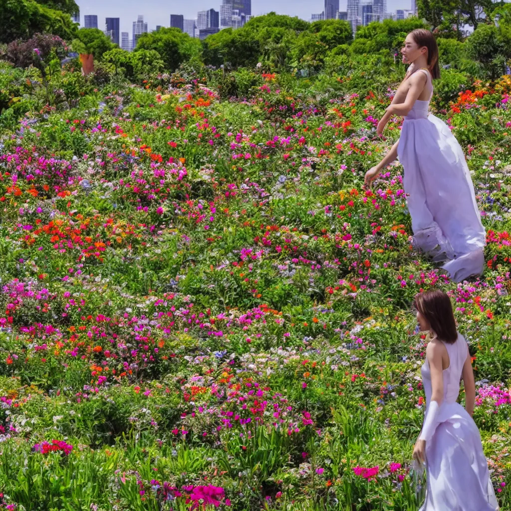 Prompt: 4k, highly detailed, sharp focus An elegant woman walks through a flower garden, far away you can see a city.