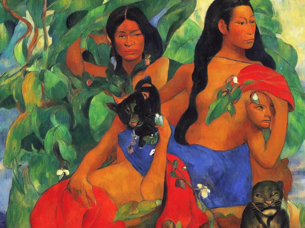 Image similar to Portrait of a Tahitian woman with panther. Lapis Lazuli, malachite, cinnabar. Painting by Gauguin, Agnes Pelton