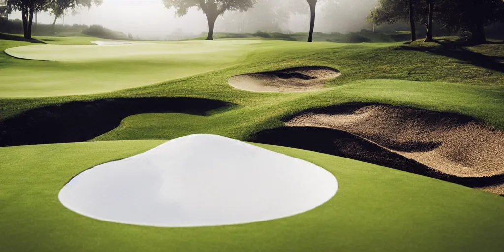 Prompt: a great photograph of the most amazing golf hole in the world completely surrounded by water, calm water, perfect light, ambient light, miniature, tilt shift, 5 0 mm, golf digest, top 1 0 0, fog