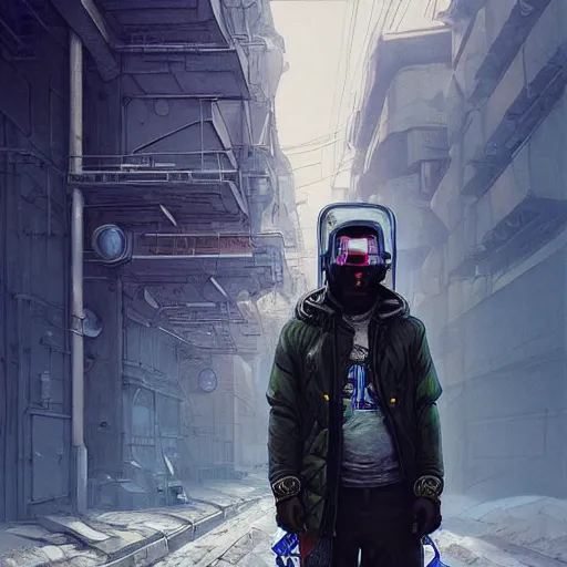 Image similar to A portrait of a cyberpunk thug on the street of Soviet sleeping quarters on the moon, Norilsk, sci-fi, fantasy, intricate, very very beautiful, elegant, highly detailed, digital painting, artstation, concept art, smooth, sharp focus, illustration, art by artgerm and greg rutkowski and alphonse mucha