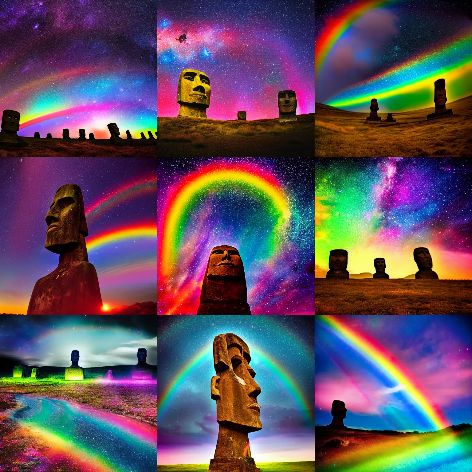 Prompt: moai flying colorful rainbow cosmos, galaxies, stars award winning photo, high detail, atmospheric, 8k