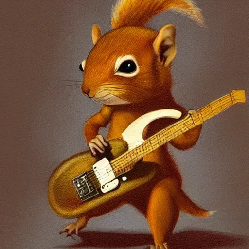 Image similar to a dnd character, a squirrel playing electric guitar, by Alex horley