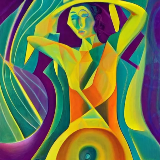 Prompt: woman symmetry dancing through time and space as ferns and spirals unfold before her feet, abstract art in the style of cubism and davinci and georgia o keefe,