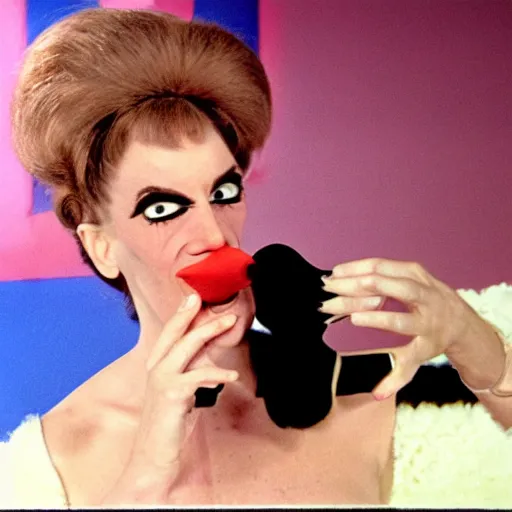 Prompt: 1974 woman on a talk show show with a long prosthetic snout nose, big nostrils, wearing a dress, 1974 French film color archival footage technicolor film expired film 16mm Fellini new wave John Waters Russ Meyer movie still