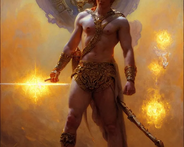 Image similar to attractive heroic male deity, casts magic, summoning handsome heroic lucifer morning star. highly detailed painting by gaston bussiere, craig mullins, j. c. leyendecker 8 k