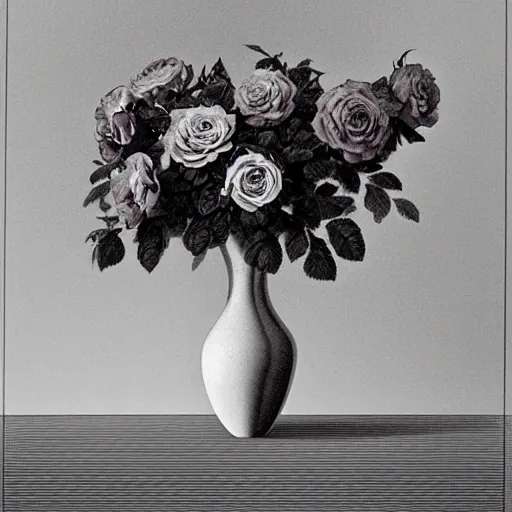 Prompt: arrangement of roses in futuristic modern minimal vase, style of gustave dore!, architectural digest