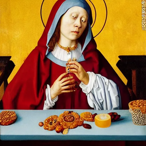 Prompt: the virgin mary eating a whole pack of reese's pieces while crying into a glass of gin and tonic, detailed portrait, very realistic, jan van eyck, 8 k, anamorphic framing