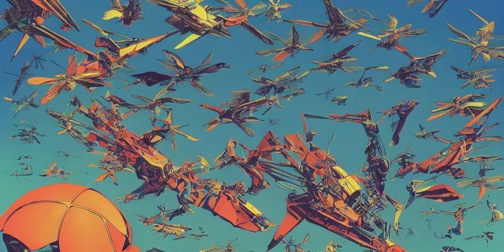 Image similar to risograph, gigantic mecha arzach birds with dragonflies, tiny rats, a lot of exotic animals around, big human faces everywhere, helicopters and tremendous birds, by satoshi kon and moebius, matte colors, surreal psychedelic design, crispy, super - detailed, a lot of tiny details, 4 k, fullshot