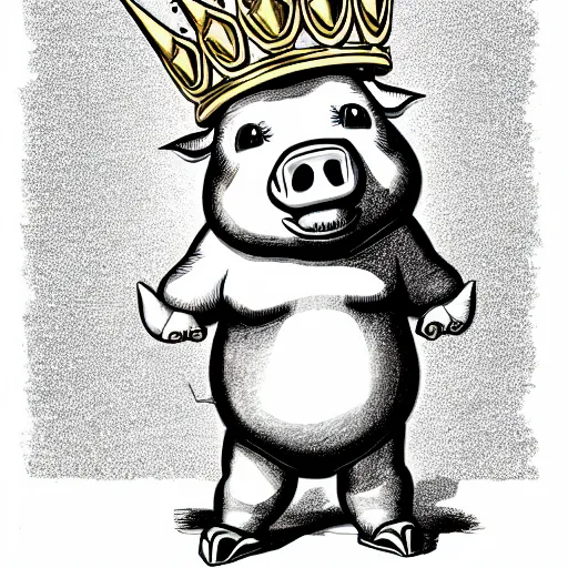 Image similar to standing pig wearing a gold crown on it's head black and white illustration concept art in the style of Arthur Adams, full body 8k