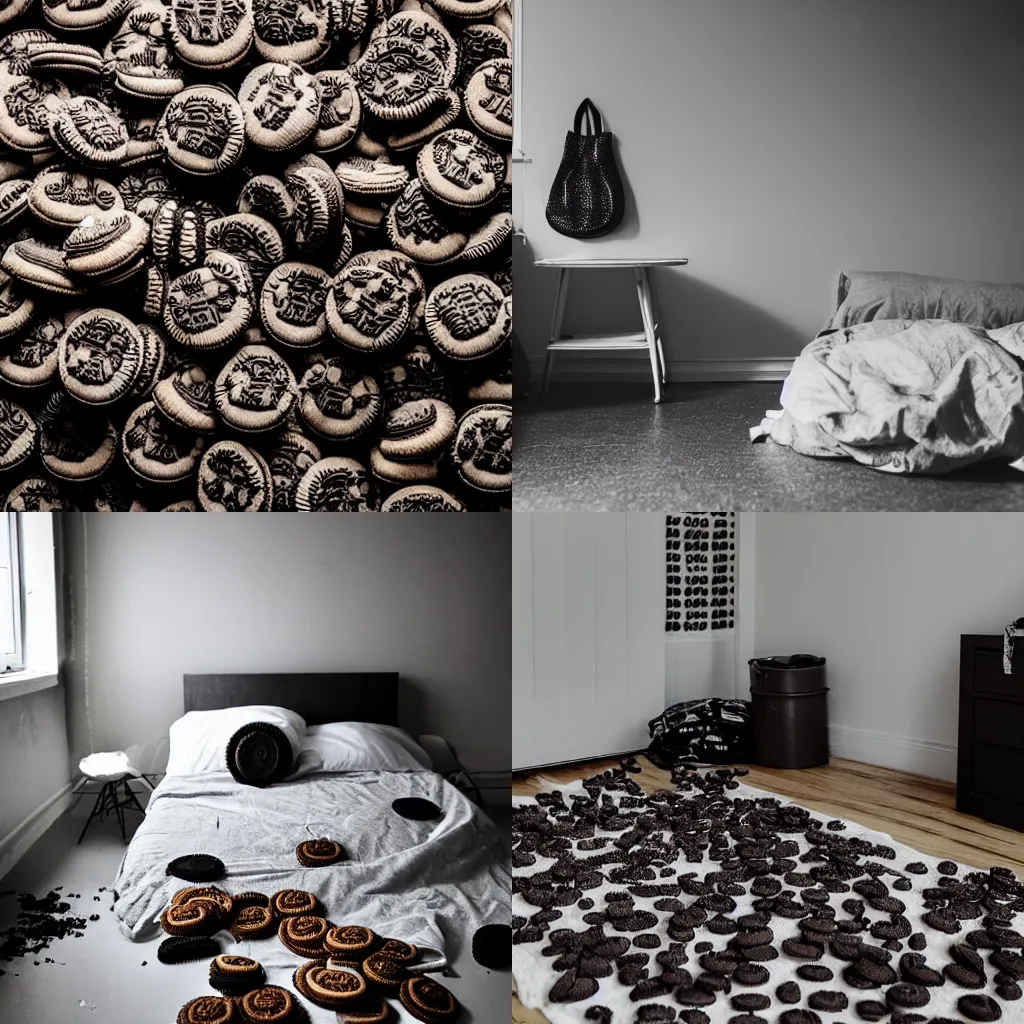 Prompt: sparse bedroom with lots of bags of oreos littering the floor, moody lighting, rainy day