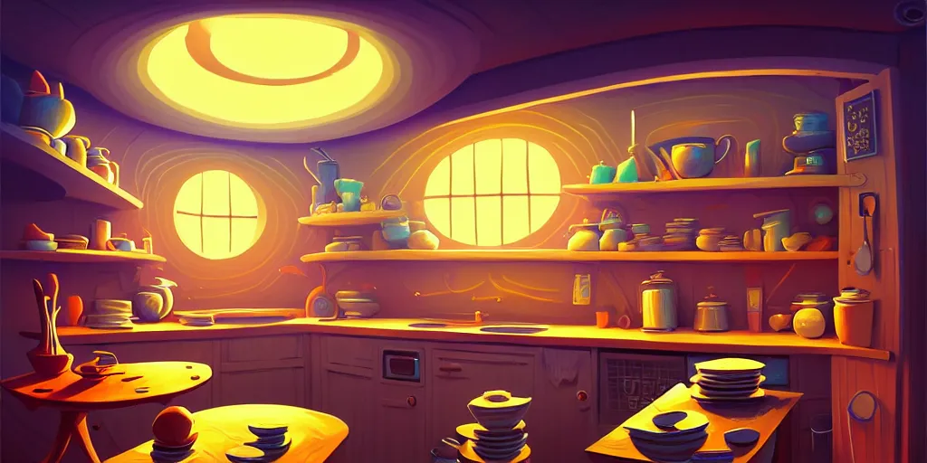 Image similar to spiral lines, naive nerikomi, weird perspective, extra narrow, detailed illustration of a kitchen dim lit by flashlight in a scenic spiral environment by rhads from lorax movie, trending artstation, true color, fisheye