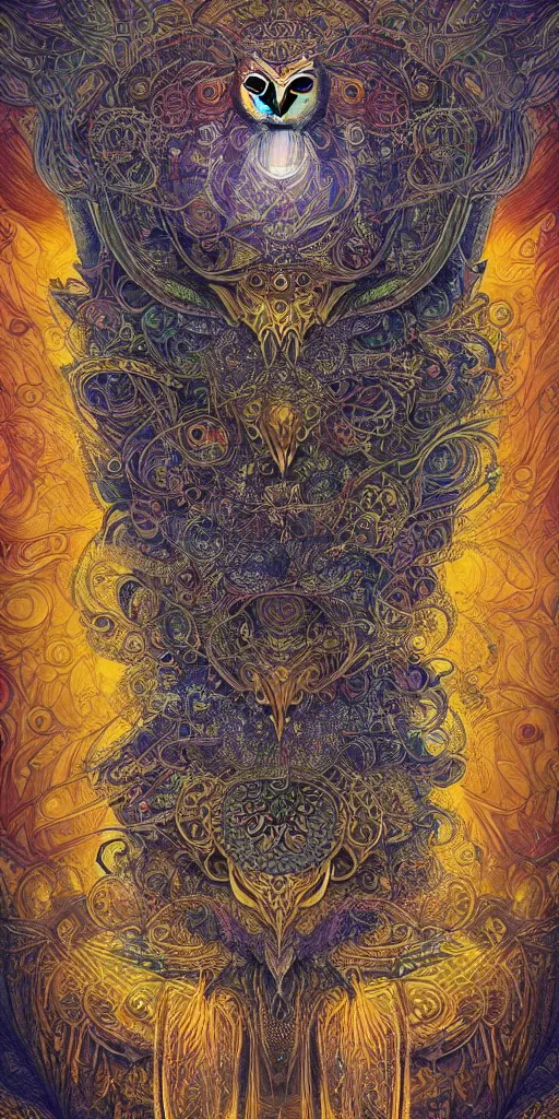 Image similar to intricate ornate of an owl with beautiful yellow eyes on a psychedelic journey in the style of android jones, sacred, ethereal, sacred geometry, hyper detailed, high detail, artstation, octane, unreal engine