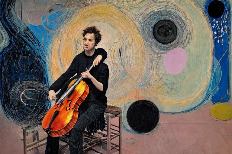 Prompt: portrait of a young cellist focusing with a background of hundreds of cellos by vincent lefevre and hernan bas and pat steir and hilma af klint, psychological, symmetrical face, dripping paint, rendered in octane, altermodern, masterpiece