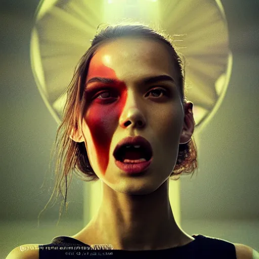 Prompt: close - up, screaming fashion model face, sun, cinematic, clouds, vogue cover style, dystopian art, poster art, futuristic, bright mood, fantasy artrealistic painting, intricate oil painting, high detail, 3 d, by tooth wu and wlop and beeple and greg rutkowski