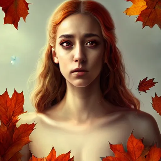 Image similar to gorgeous female stella maeve magician, realistic character concept, medium shot, elegant pose, spooky, illustration, symmetrical face and body, realistic symmetrical eyes, artstation, cinematic lighting, detailed realistic symmetrical eyes, 8 k, charlie bowater, jacob riis, tom bagshaw, single face, insanely detailed and intricate elegant, autumn leaves