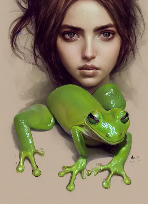 Image similar to portrait of my ethereal waifu cute innocent green slimy alien female froggy lady, ana de armas, with adorable uwu eyes painted by greg rutkowski, wlop, 7 0 s scifi