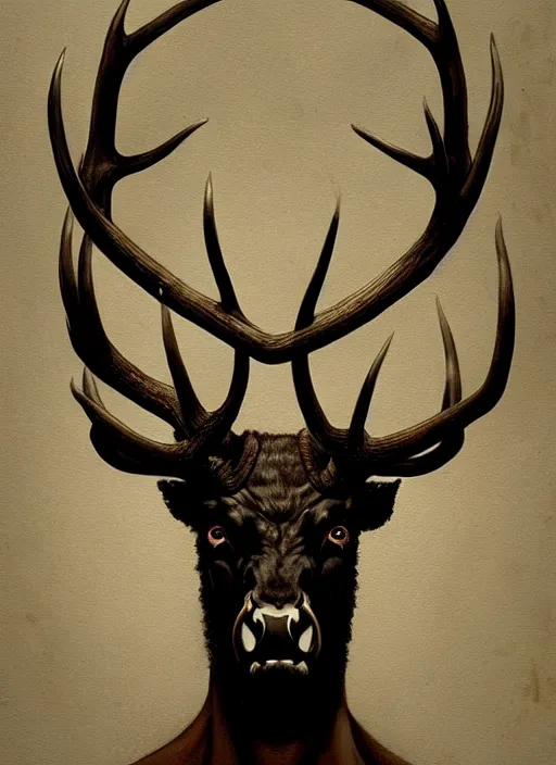 Prompt: symmetry!! portrait of hannibal stag man, dark skin, antlers, horror, night time lighting, intricate, scary, highly detailed, digital painting, artstation, concept art, smooth, sharp focus, illustration, art by greg rutkowski
