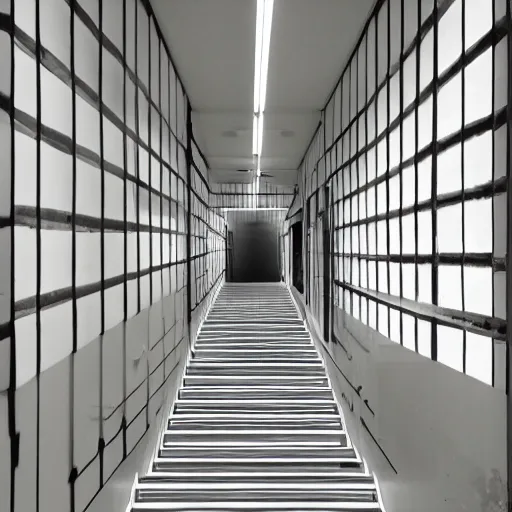 Image similar to photo of randomly connected corridors, stairs and rooms. ceramic white tiles on all the walls.