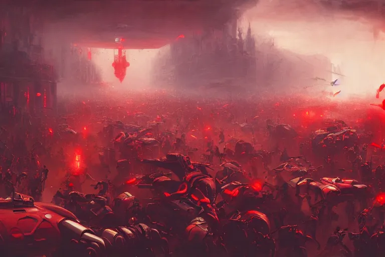 Prompt: a painting of an eager crowd of robots and people running into oblivion by Jasper Ejsing, James Jean, epic scene, dramatic light, red color-scheme, hd, octane8