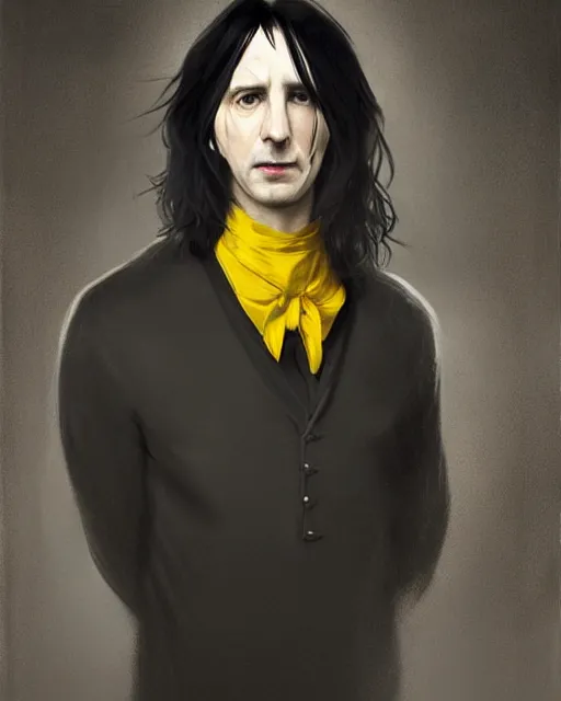 Image similar to portrait of a 3 2 - year - old man wearing black clothes, snape severus, with black, greasy, mid - length hair, hooked nose, dark brown eyes, yellow uneven teeth, highly detailed, digital painting, artstation, concept art, smooth, sharp focus, illustration, art by artgerm and greg rutkowski and alphonse mucha